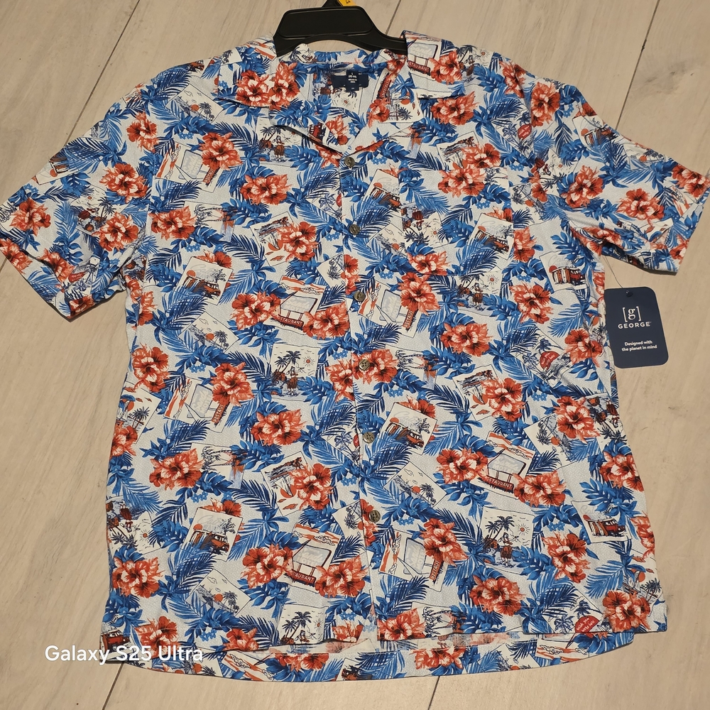 B042 George Men's Tropical Floral Shirt - Blue and Red